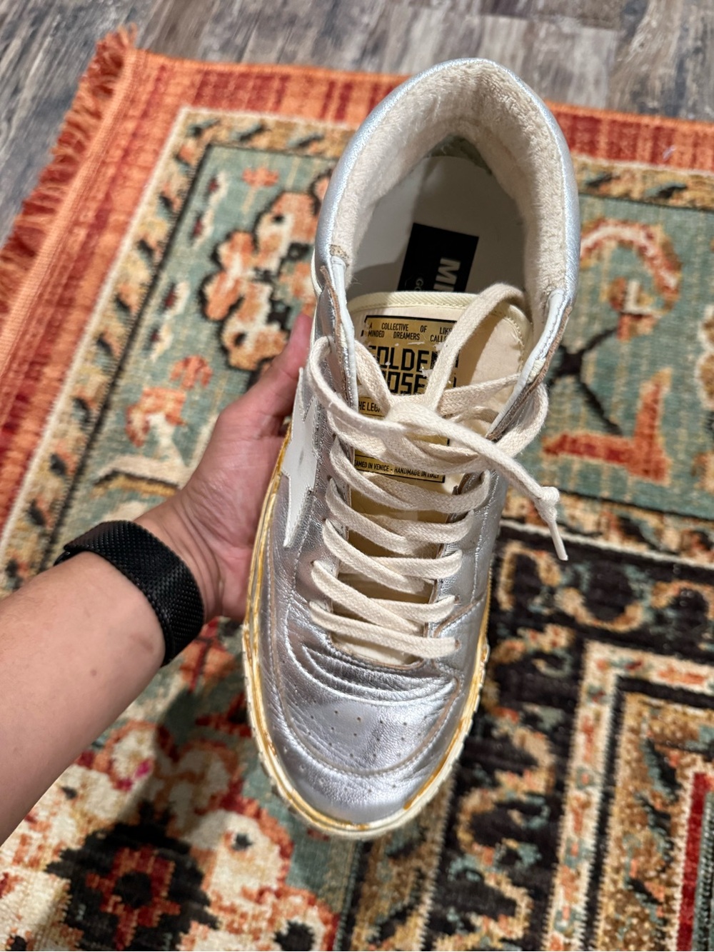 Golden Goose Silver Metallic High-Top Sneakers with Cream Laces and Gold Trim - Picture 4 of 4